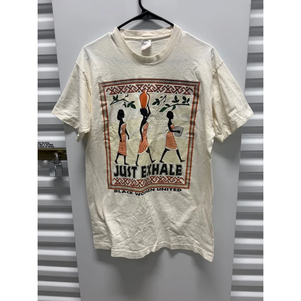 90s Vintage Fruit of the Loom Just Exhale T-Shirt Women Large Cream Graphic Good - Picture 1 of 5